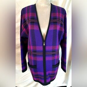 Vintage ‘90s Evan Picone Purple, Pink, Black Plaid Zip-Up Cardigan, Size M